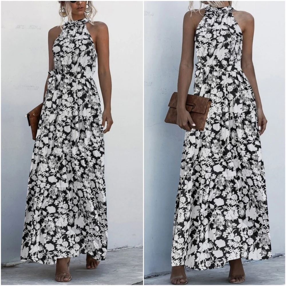 Boho Pastel Green Floral Print Halter Maxi Dress Ruffle - Picture 9 of 13